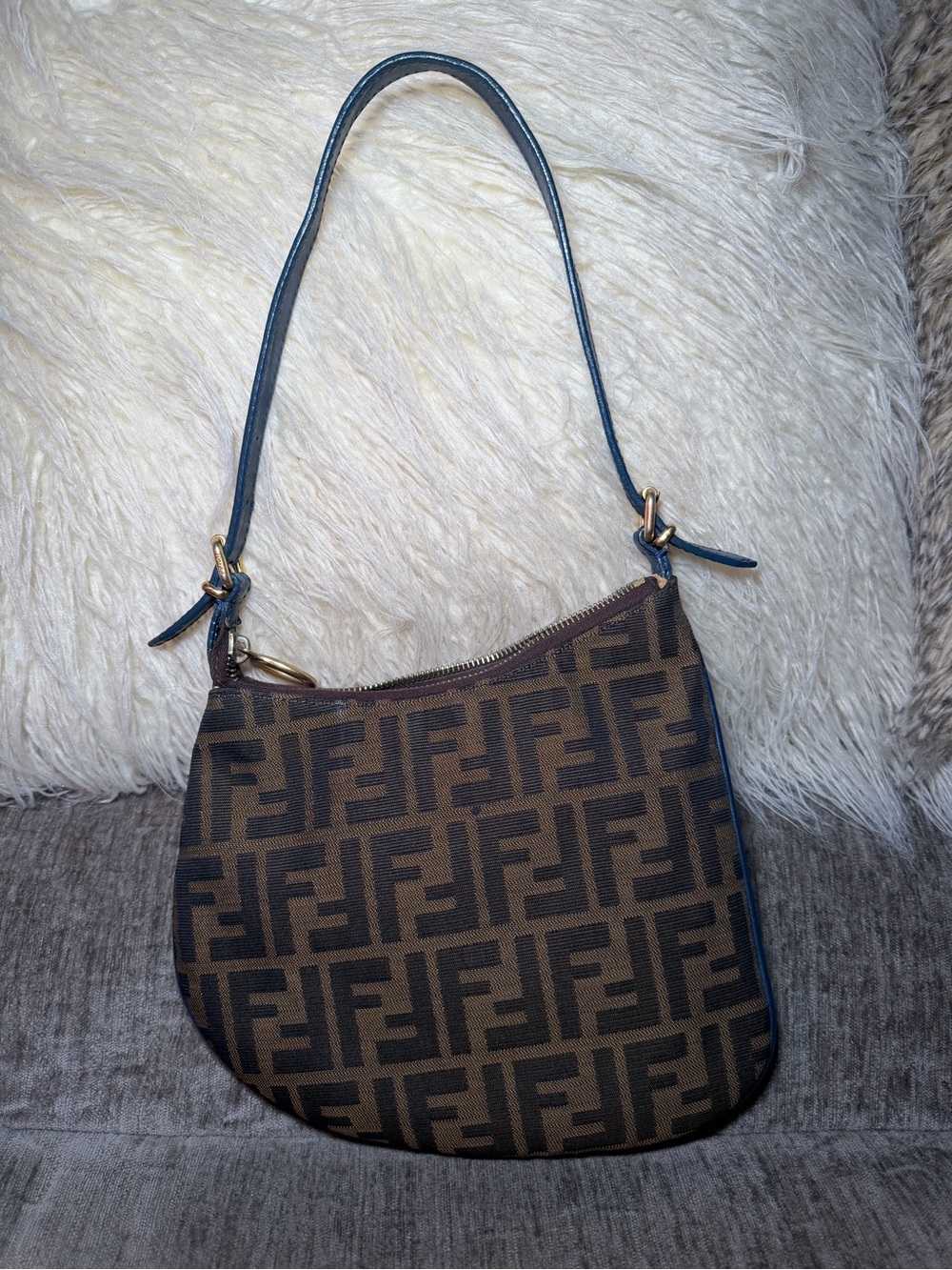 Fendi Zucca FF Monogram Blue Leather Shoulder Bag